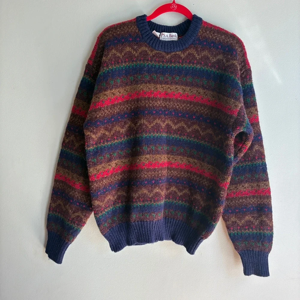 Vintage Jos A Bank Sweater Mens Large Shetland Wool Fair Isle Grandpa Preppy